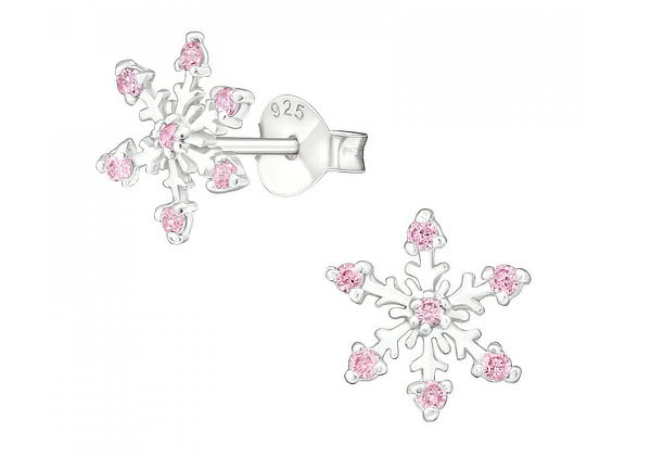 stříbrné náušnice růžové sněhové vločky